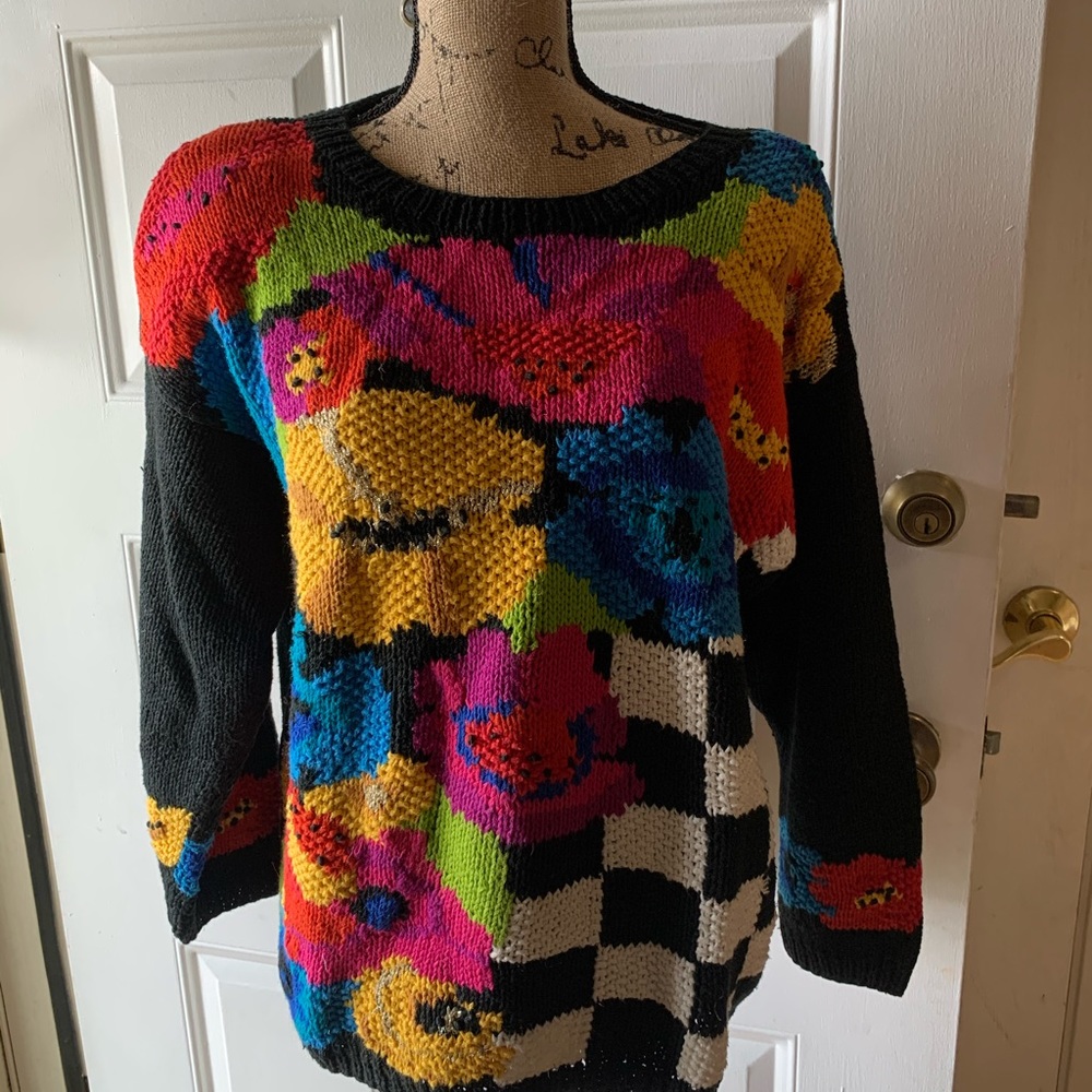 Vintage colorful vintage sweater checkers floral m